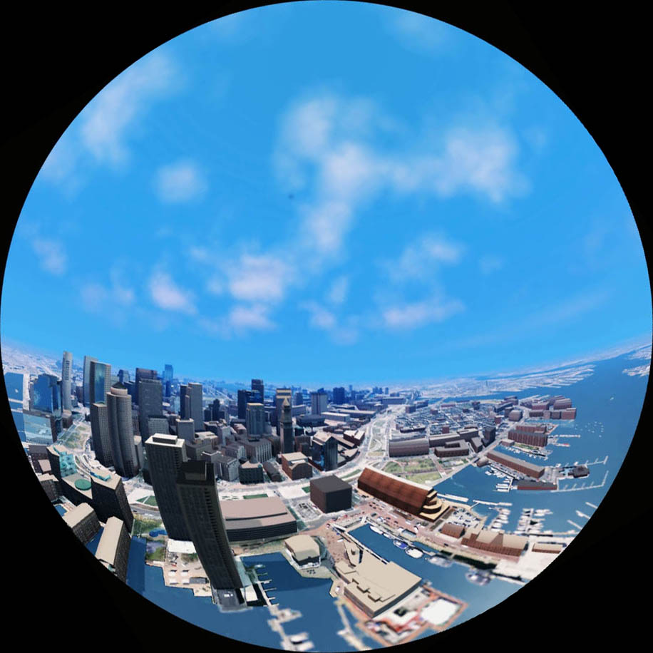 Fisheye render of the Boston skyline.