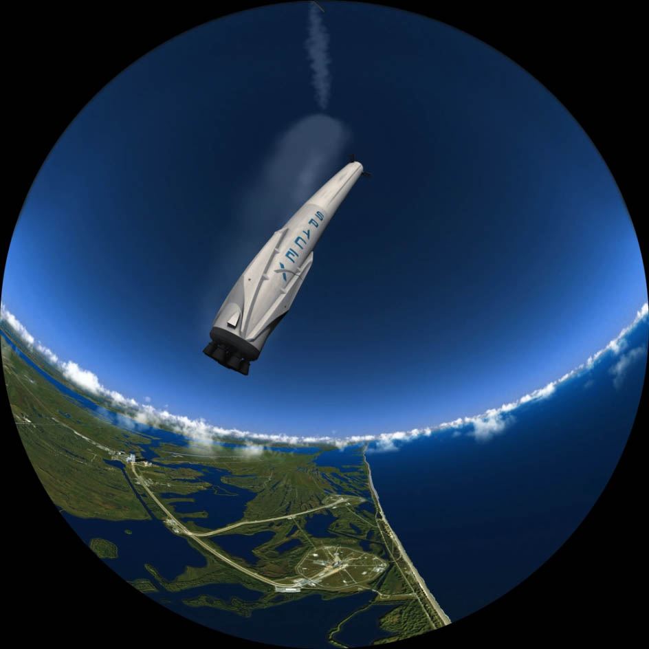Fisheye render watching the Falcon heavy landing.