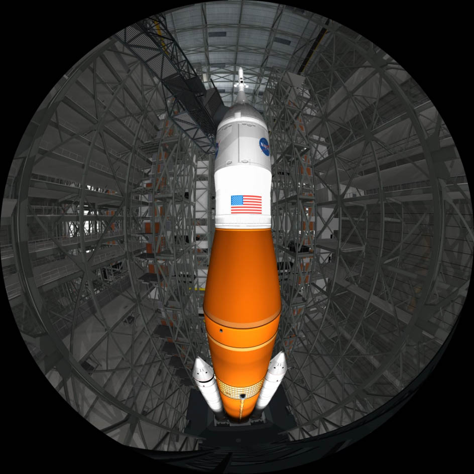 Fisheye render of the SLS within the NASA VAB.