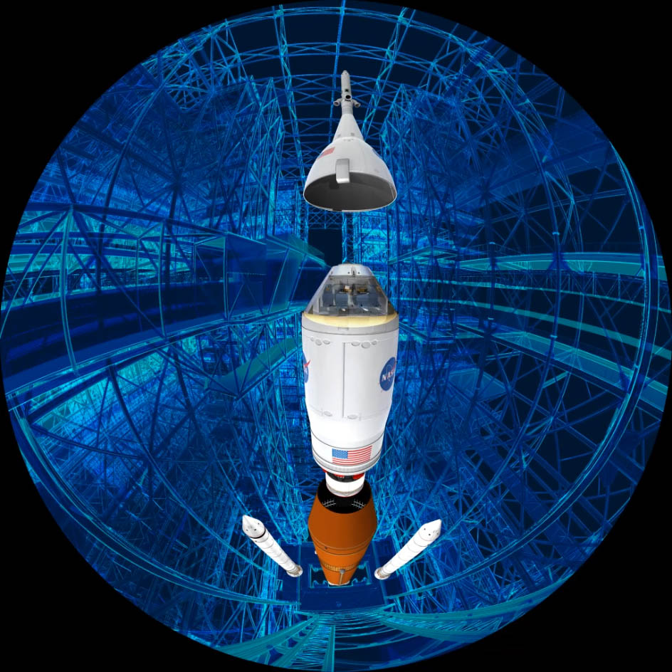 Fisheye render of the SLS within the NASA VAB.