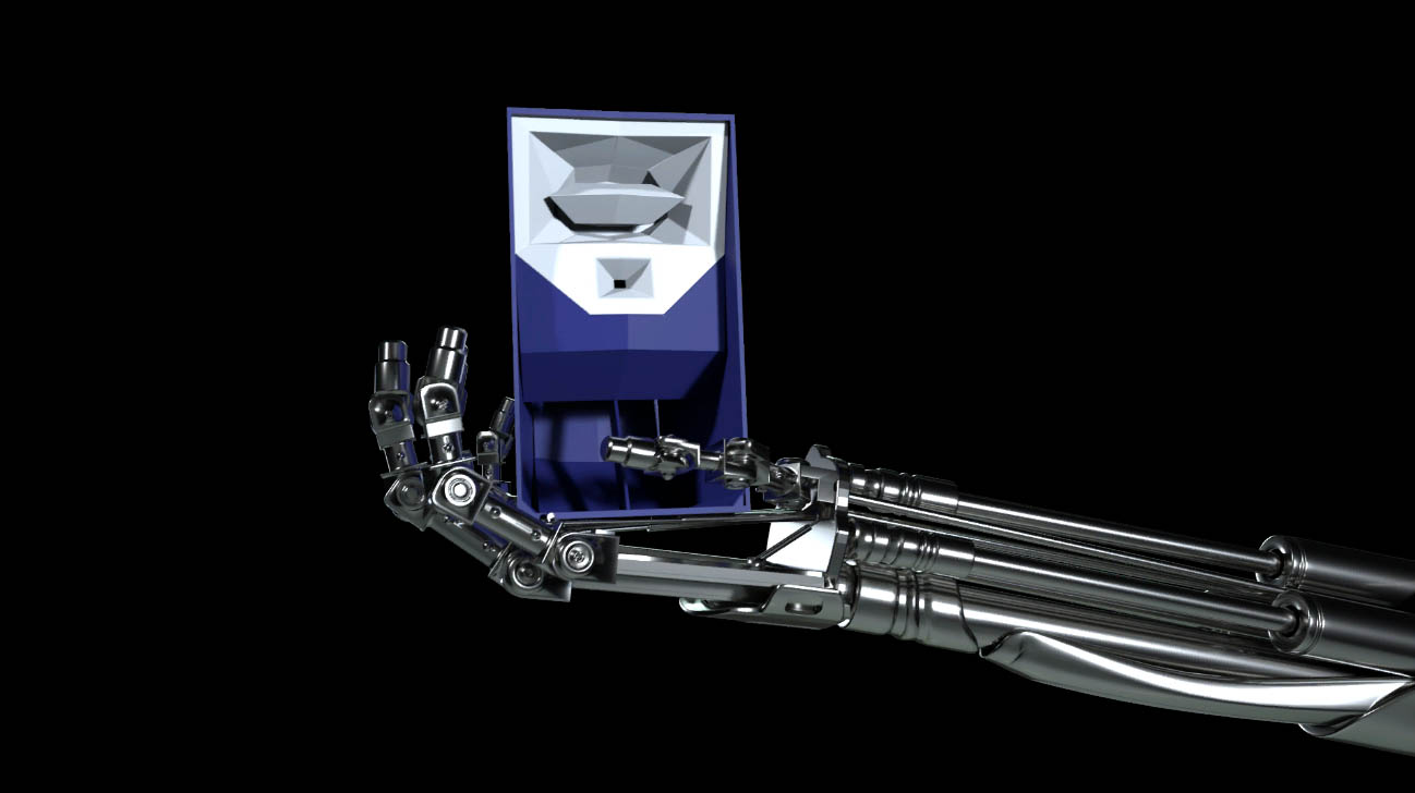 Chrome robot hand holding a loudspeaker.