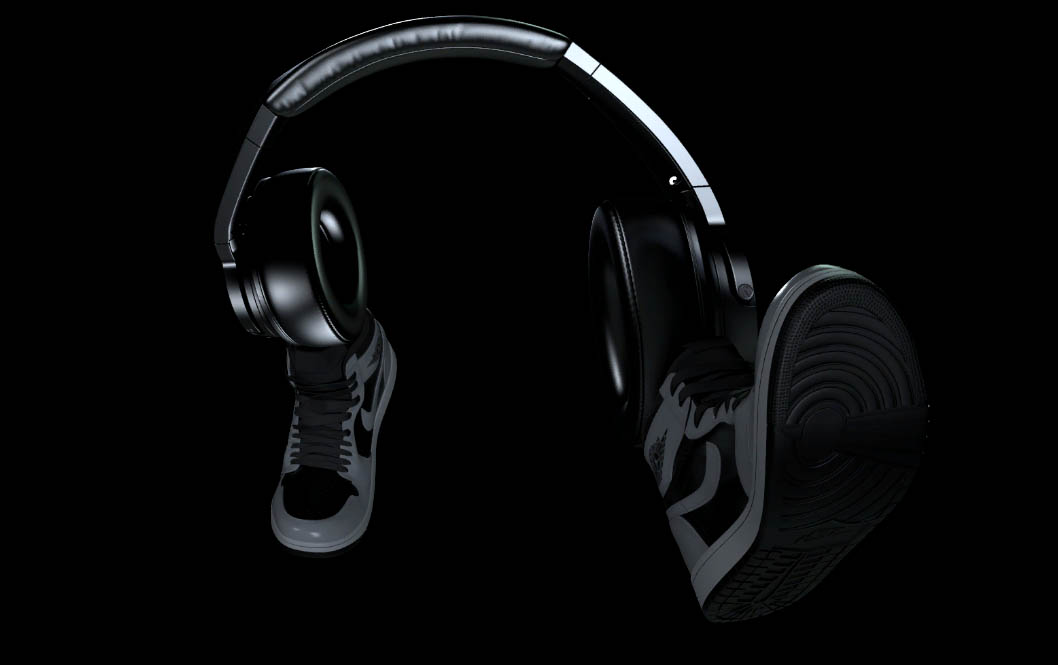 Headphones wearing shoes.