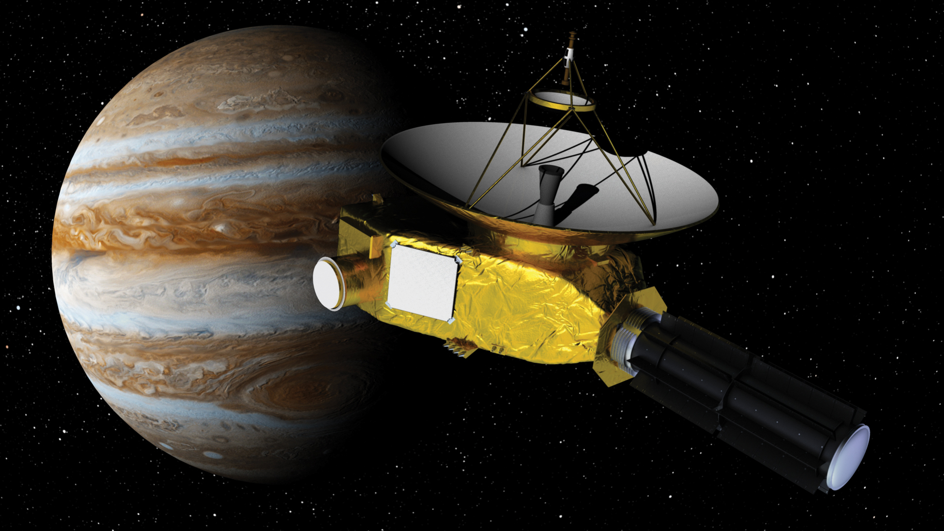 The New Horizons spacecraft flying past Jupiter.