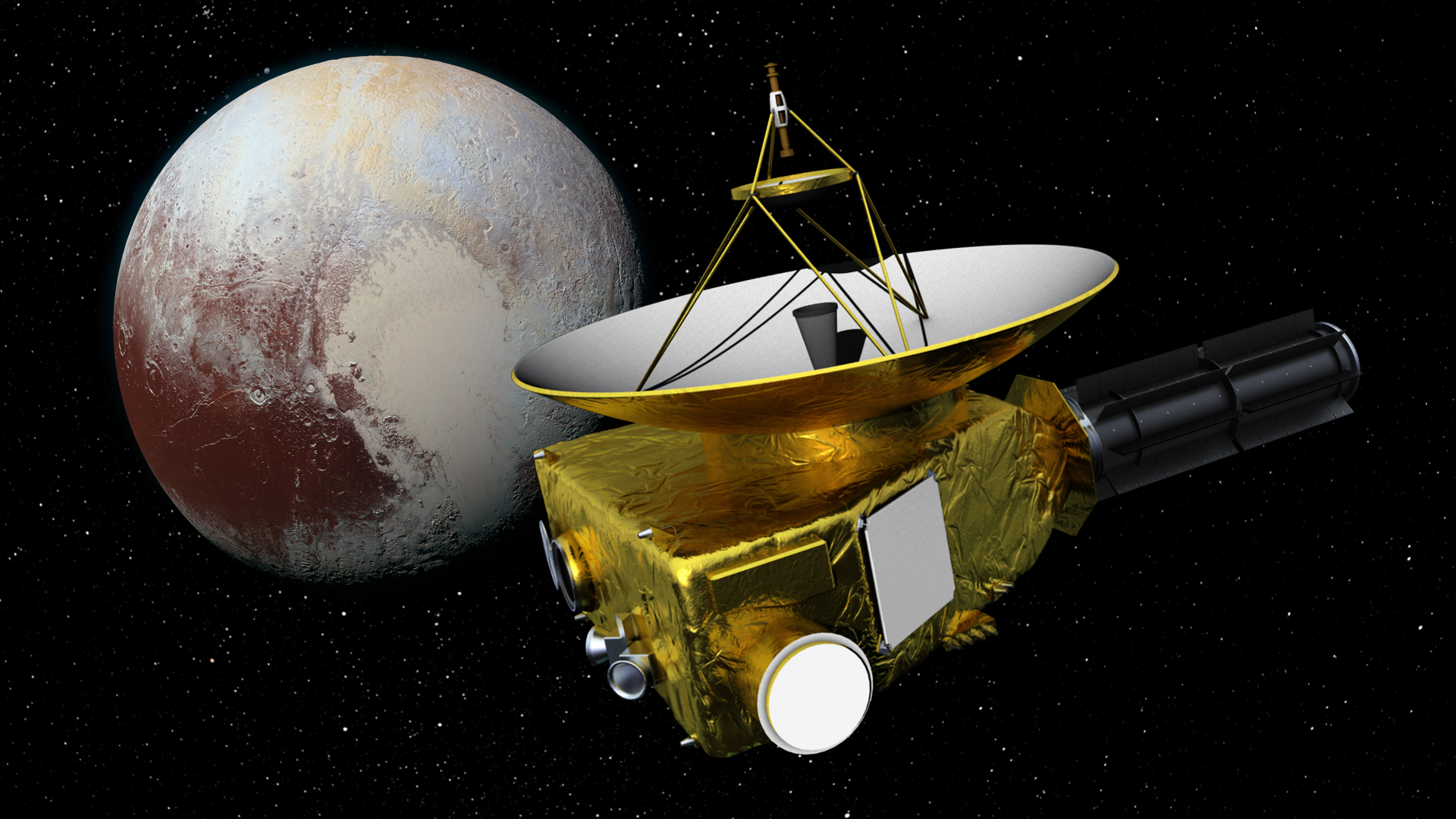 The New Horizons spacecraft flying past Pluto.