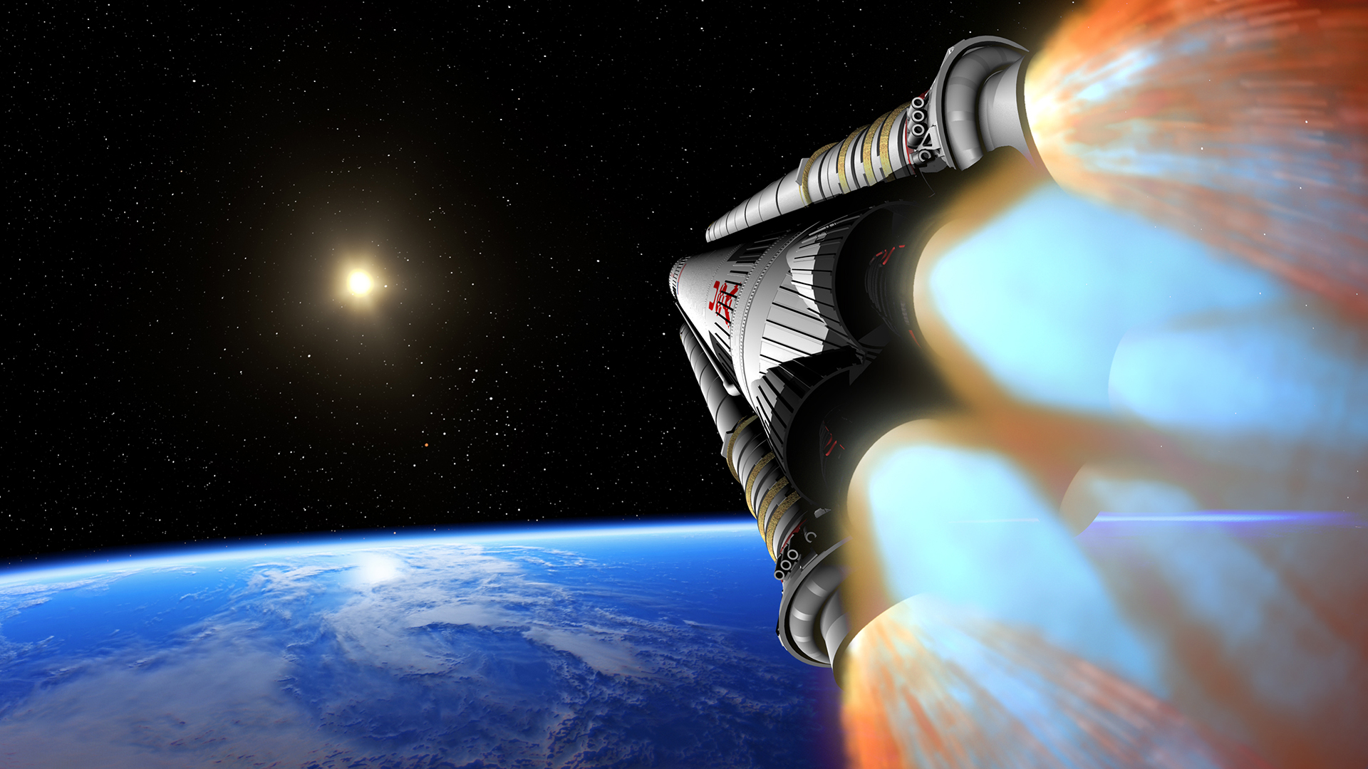 SLS rockets firing in Earths atmosphere.
