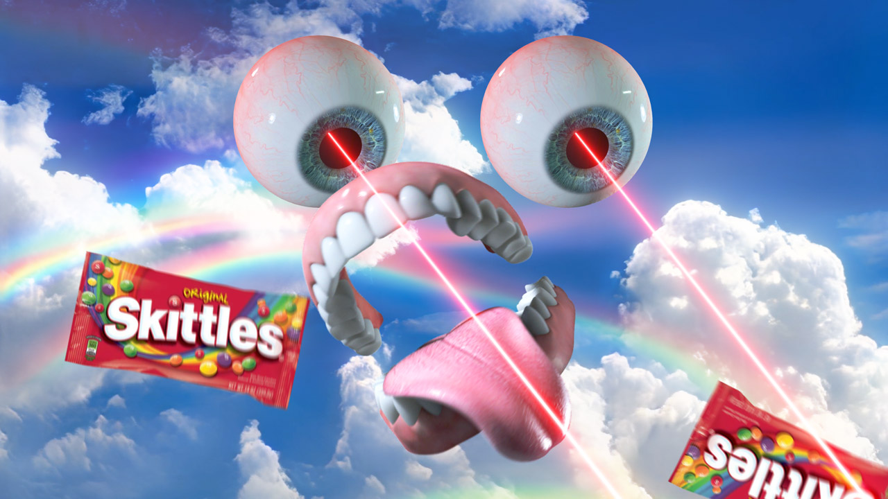 Wild laser eyes and dentures floating against a blue sky.