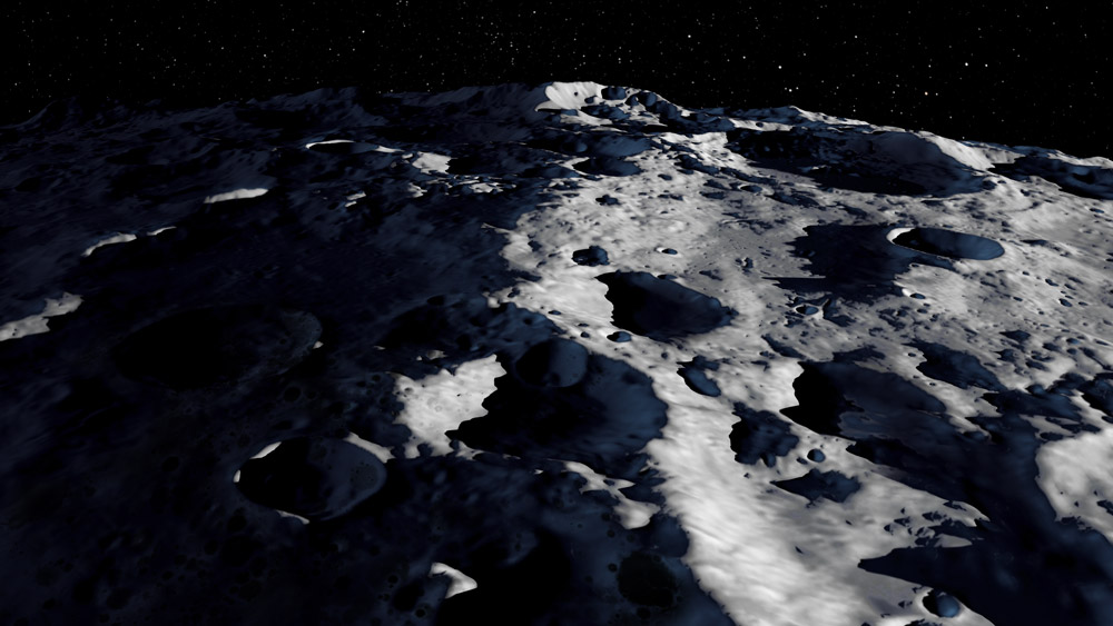 Close-up view of the dark side of the moons craters.